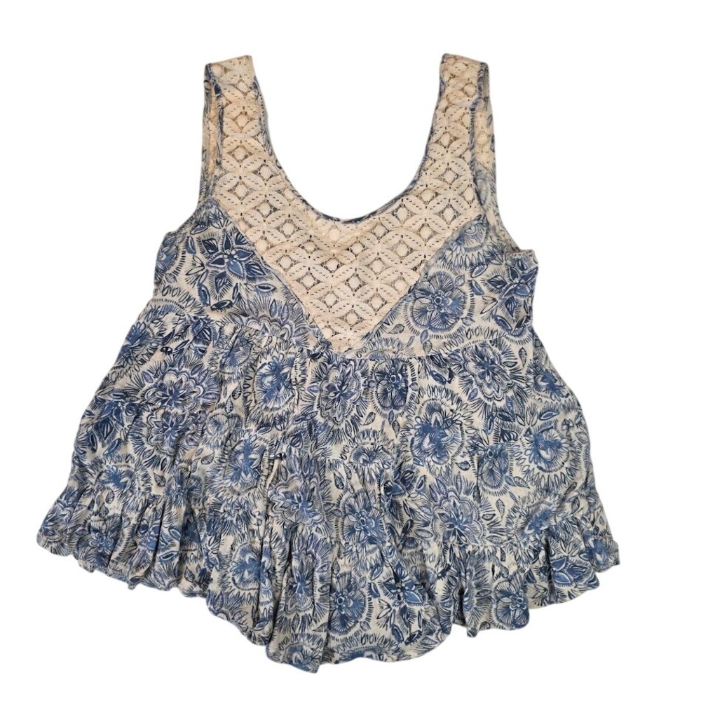 Free People Women's Medium Tank Top‎ Blue White Floral Lace Tiered Linen Blend
